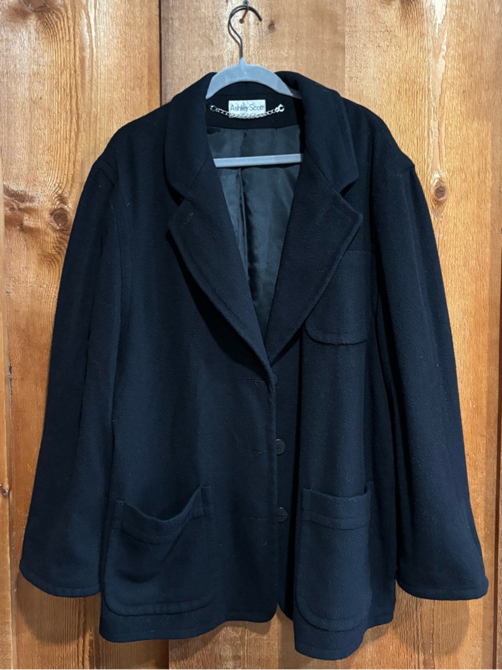 Vintage Ashley Scott Black Wool Cashmere Blend Pea Coat Jacket USA Made Size 16
